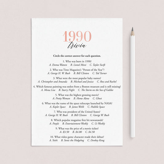 1990 Trivia Questions and Answers Printable by LittleSizzle