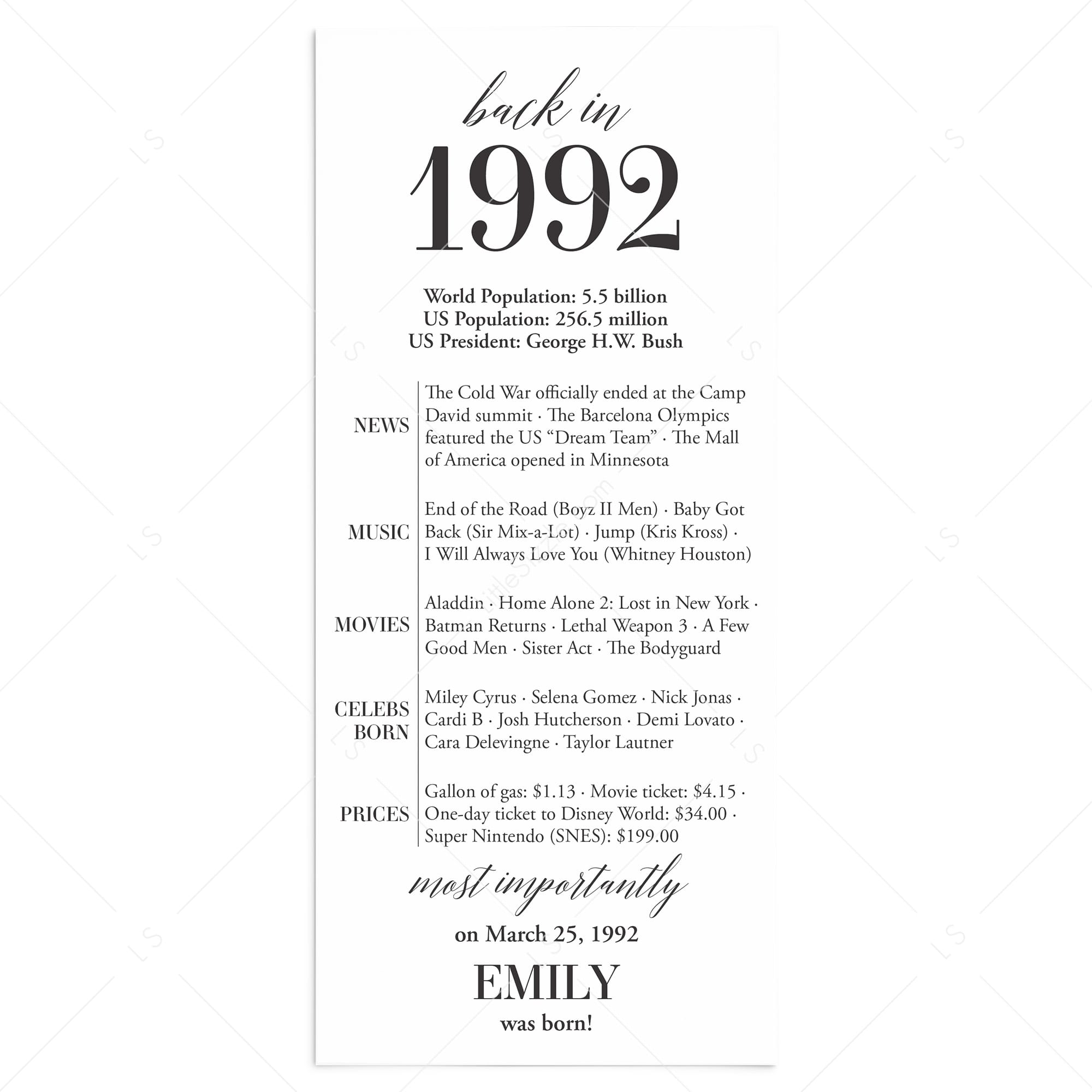 35th Birthday Party Decorations Back in 1992 Table Card by LittleSizzle