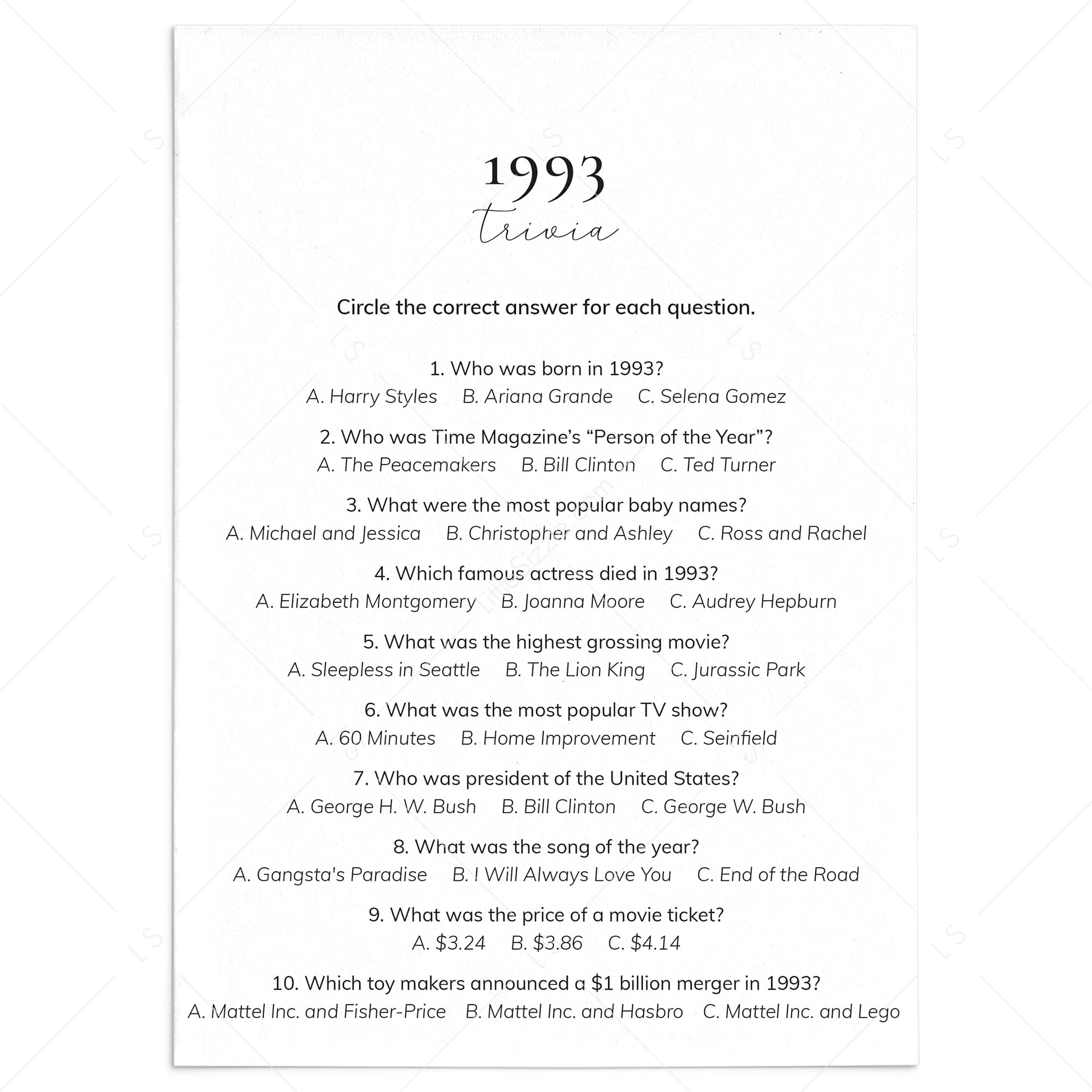 1993 Quiz and Answers Printable by LittleSizzle