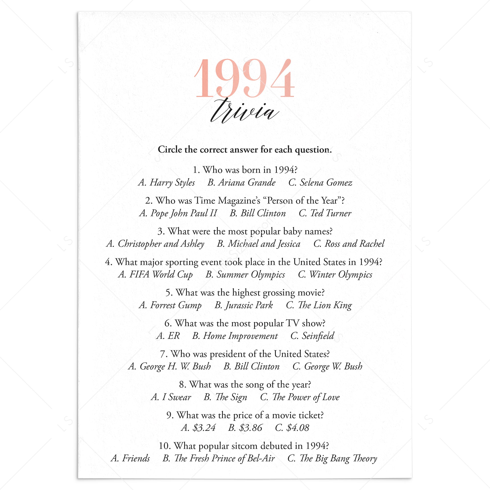 1994 Trivia Questions and Answers Printable by LittleSizzle