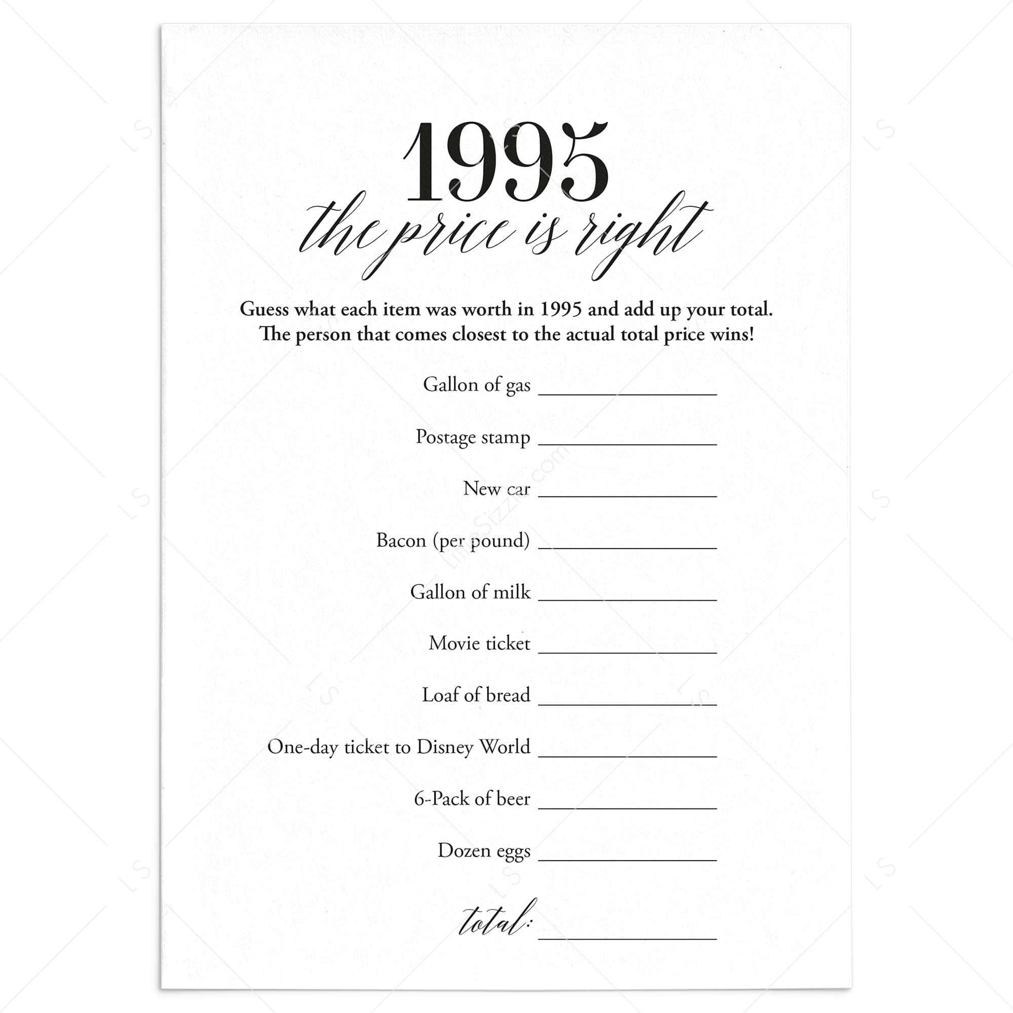 1995 The Price Is Right Game with Answers Printable by LittleSizzle