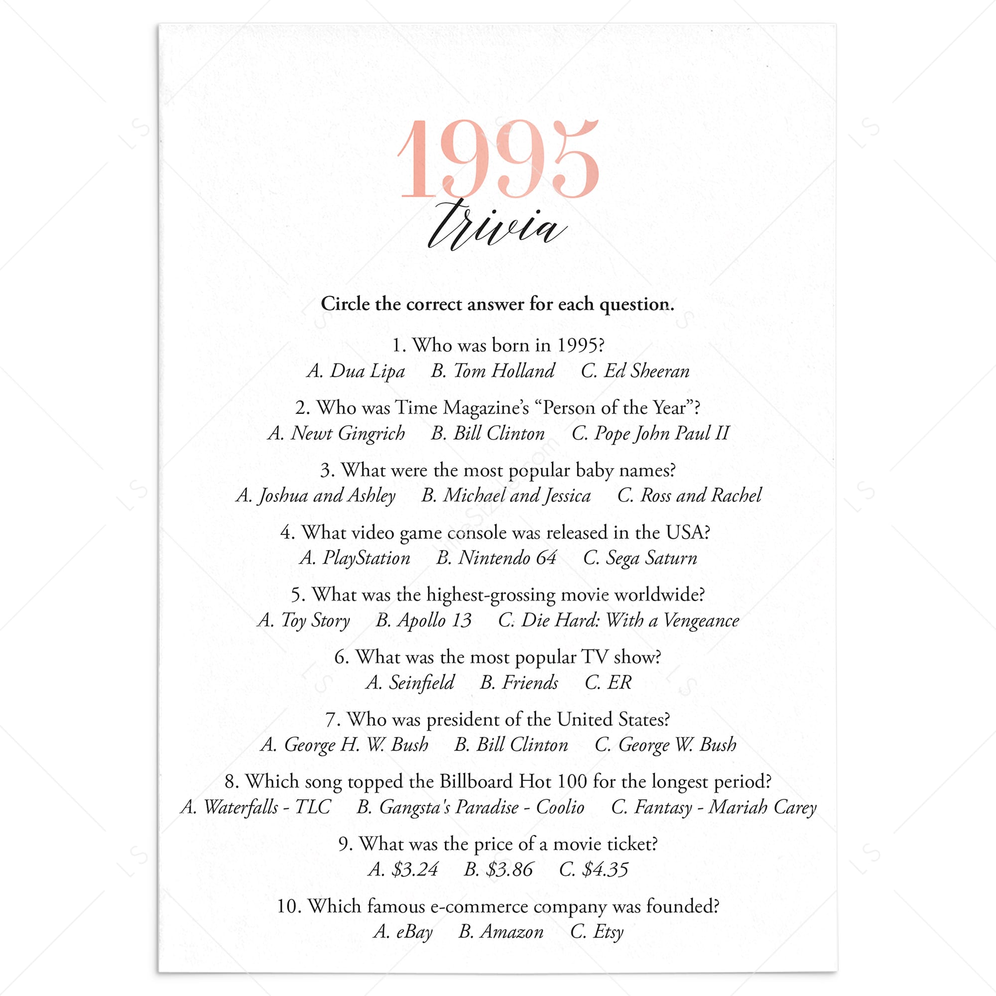 1995 Trivia Questions and Answers Printable by LittleSizzle