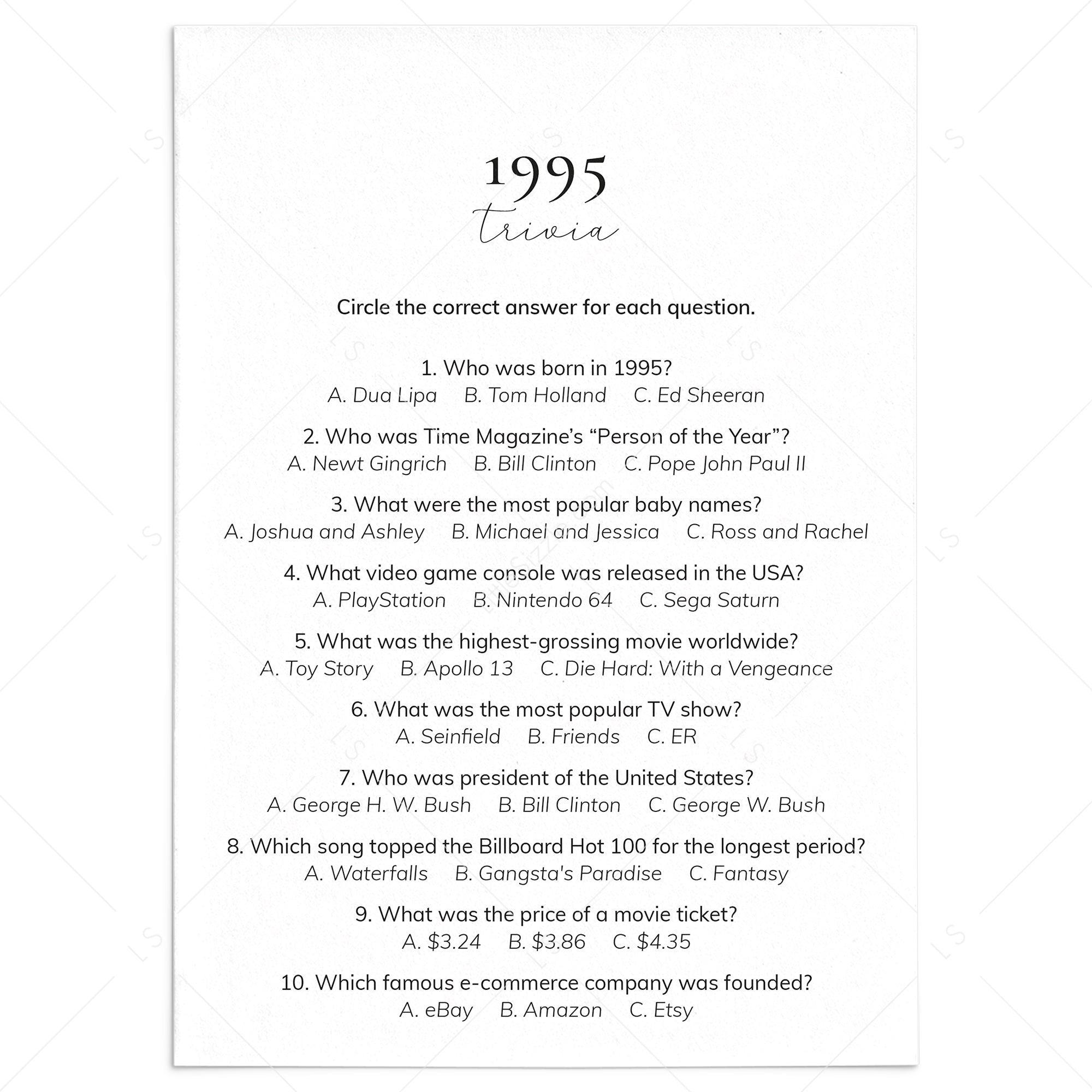 1995 Quiz and Answers Printable | All About The Year 1995 Trivia by LittleSizzle