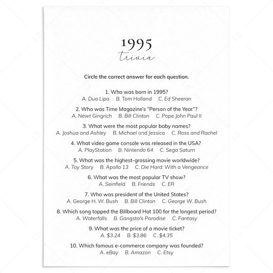 1995 Quiz and Answers Printable | All About The Year 1995 Trivia by LittleSizzle