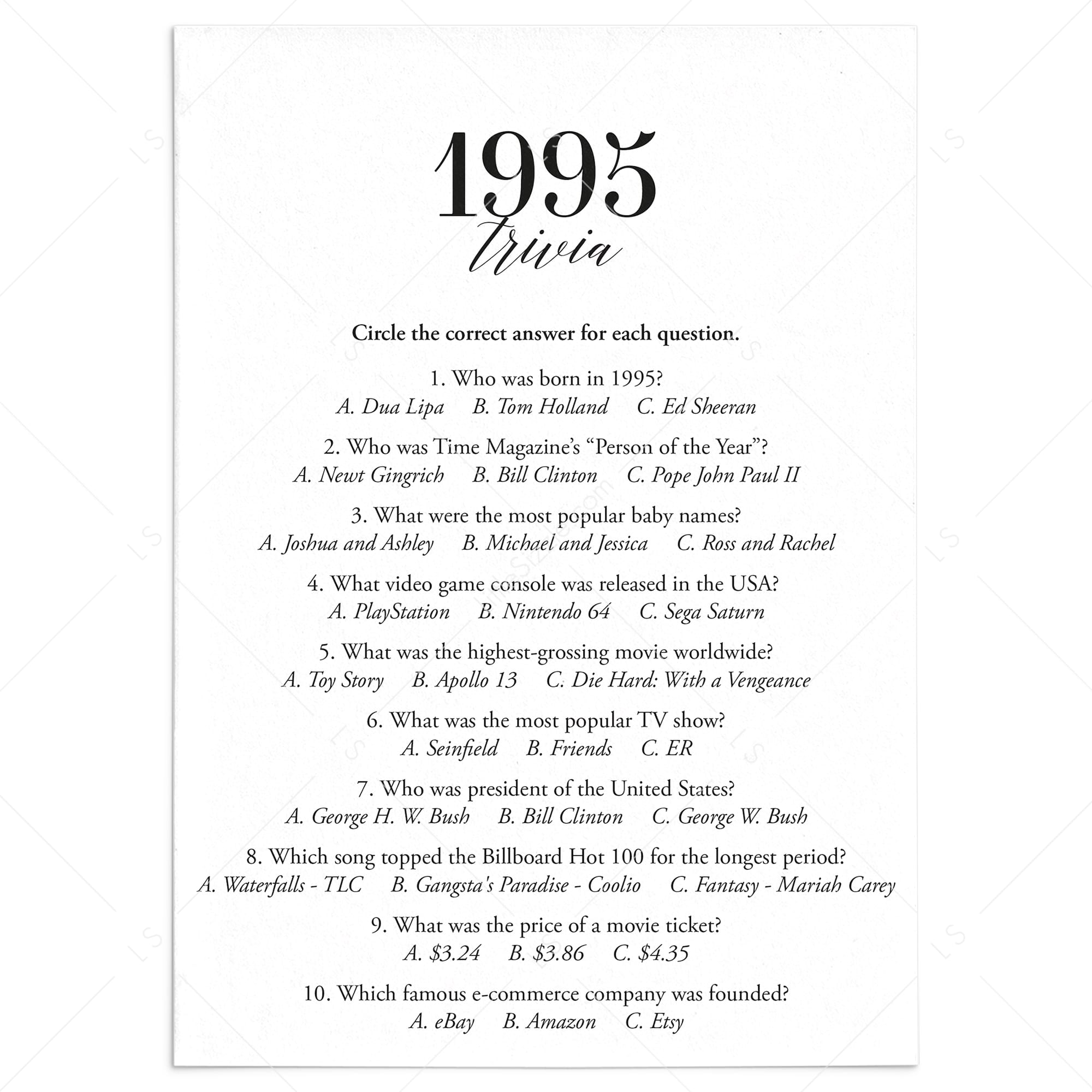 1995 Fun Facts Quiz with Answers Printable by LittleSizzle