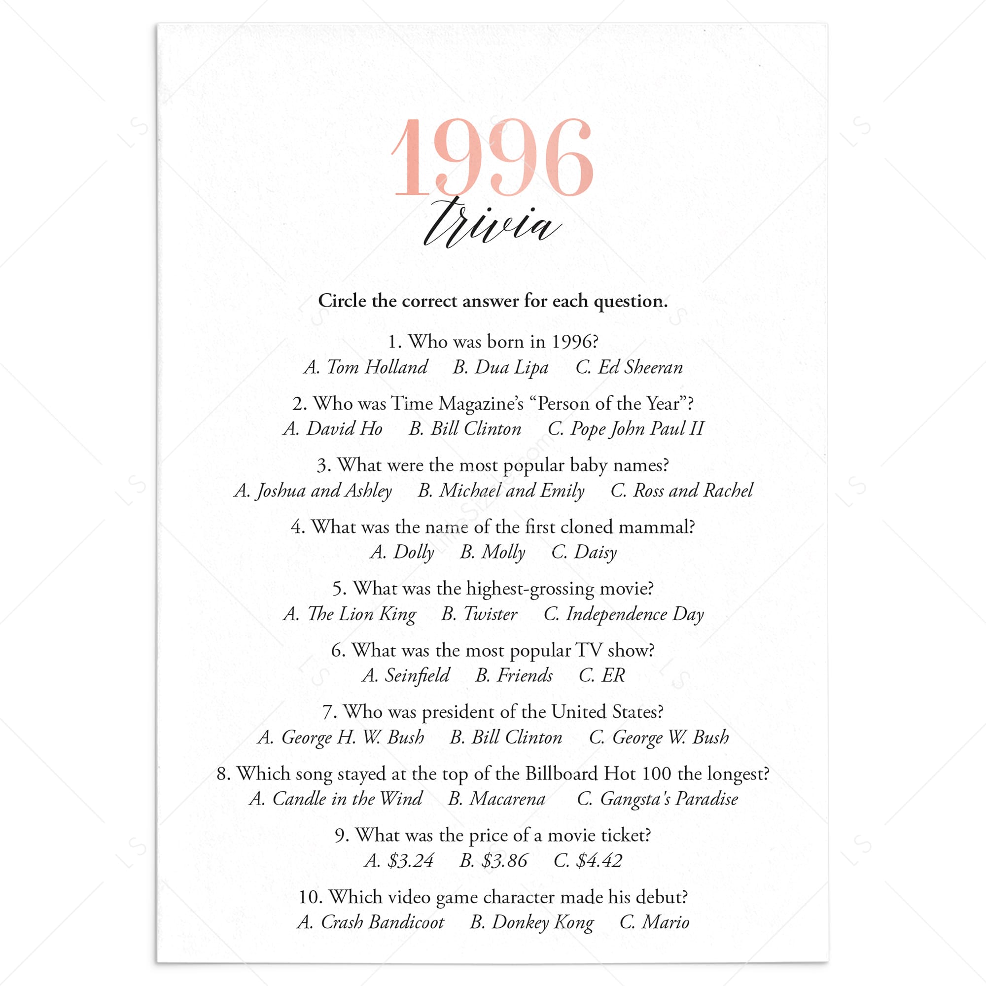 1996 Trivia Questions and Answers Printable by LittleSizzle