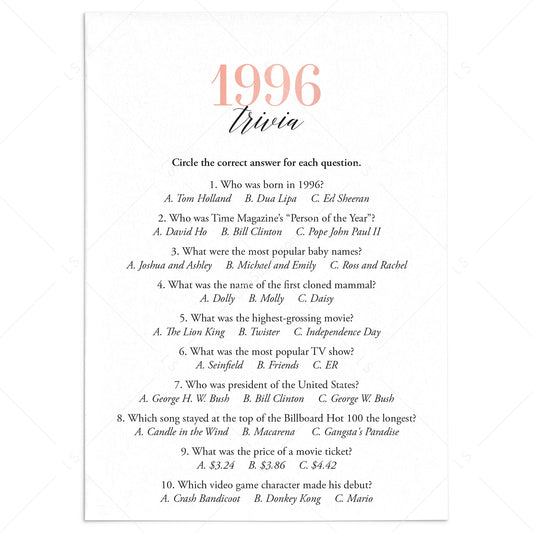 1996 Trivia Questions and Answers Printable by LittleSizzle
