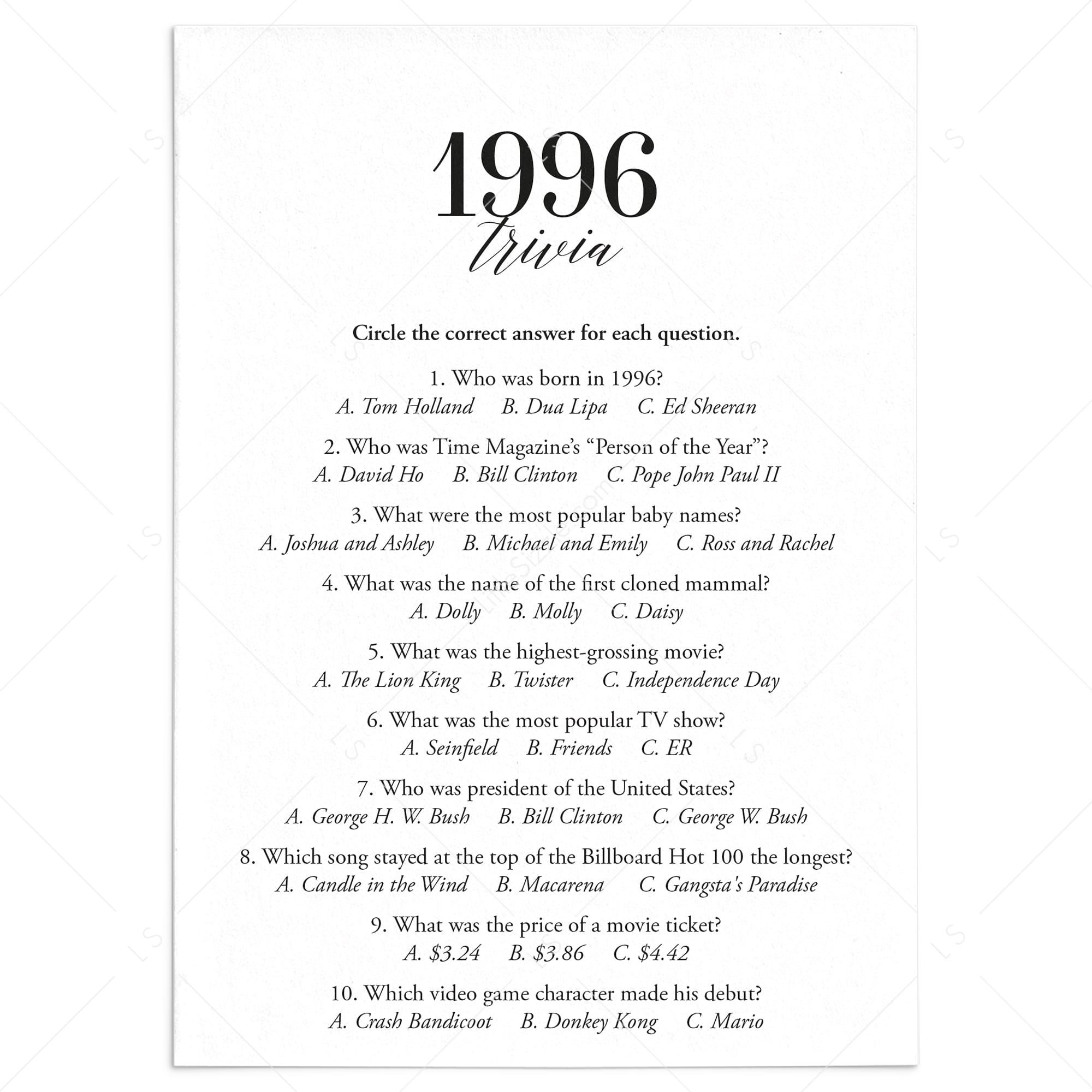 1996 Trivia Quiz with Answer Key Instant Download by LittleSizzle