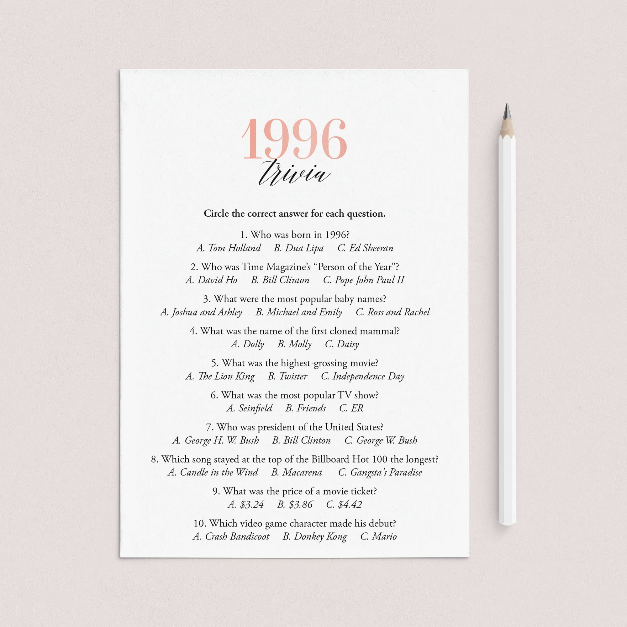 1996 Trivia Questions and Answers Printable by LittleSizzle