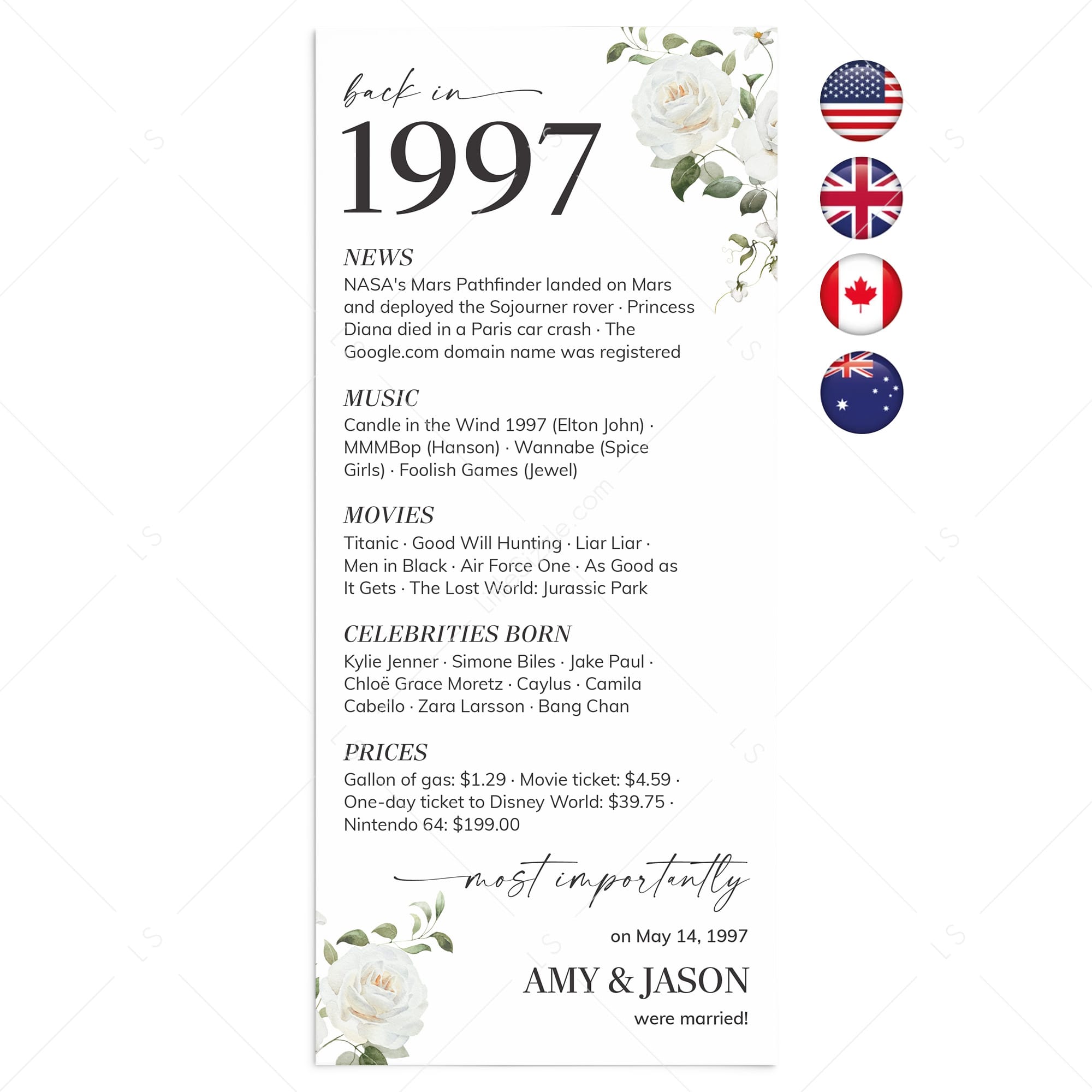 1997 Anniversary Table Cards Personalized 30th Anniversary Decor by LittleSizzle