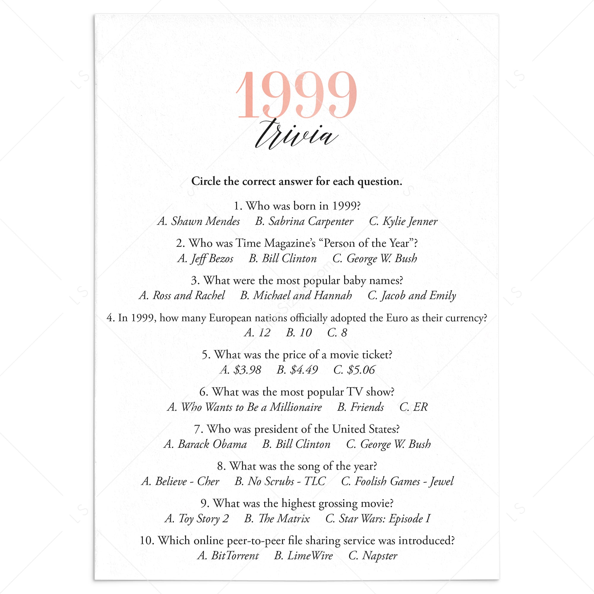 1999 Trivia Questions and Answers Printable by LittleSizzle