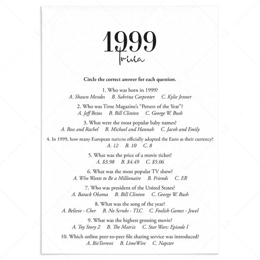 1999 Trivia Quiz with Answers Digital Download by LittleSizzle