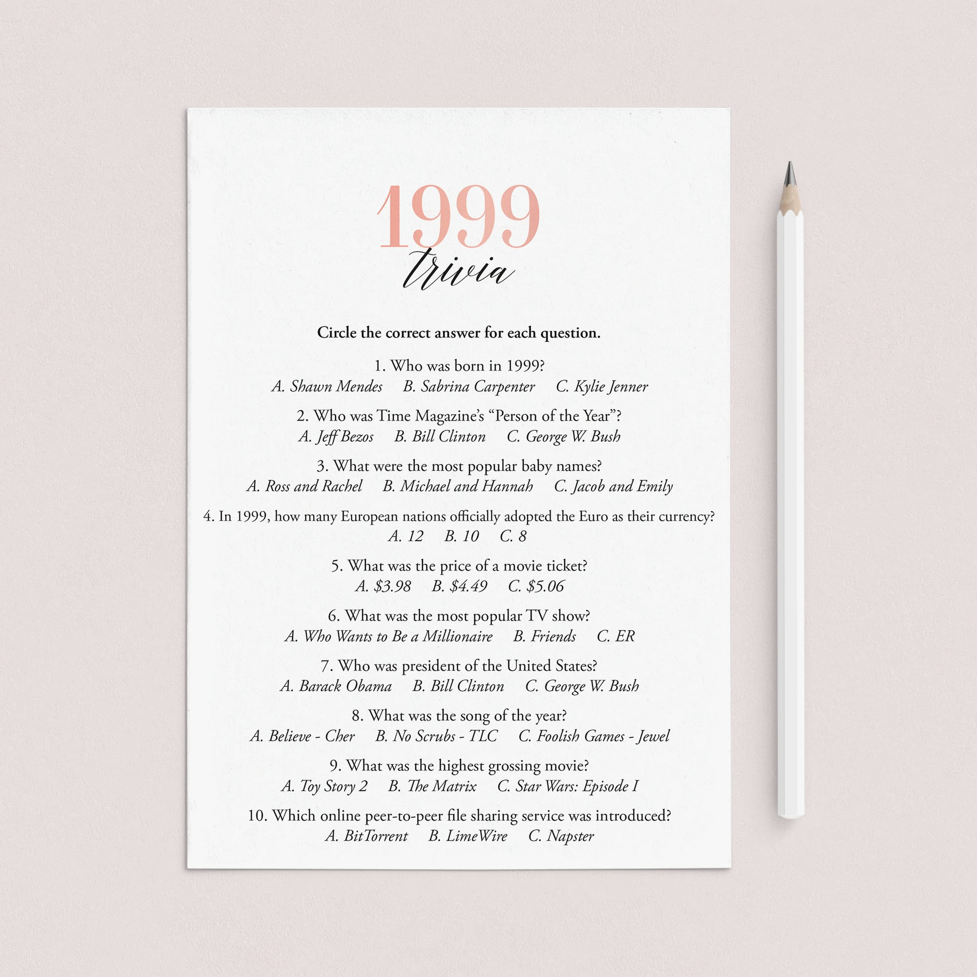 1999 Trivia Questions and Answers Printable by LittleSizzle