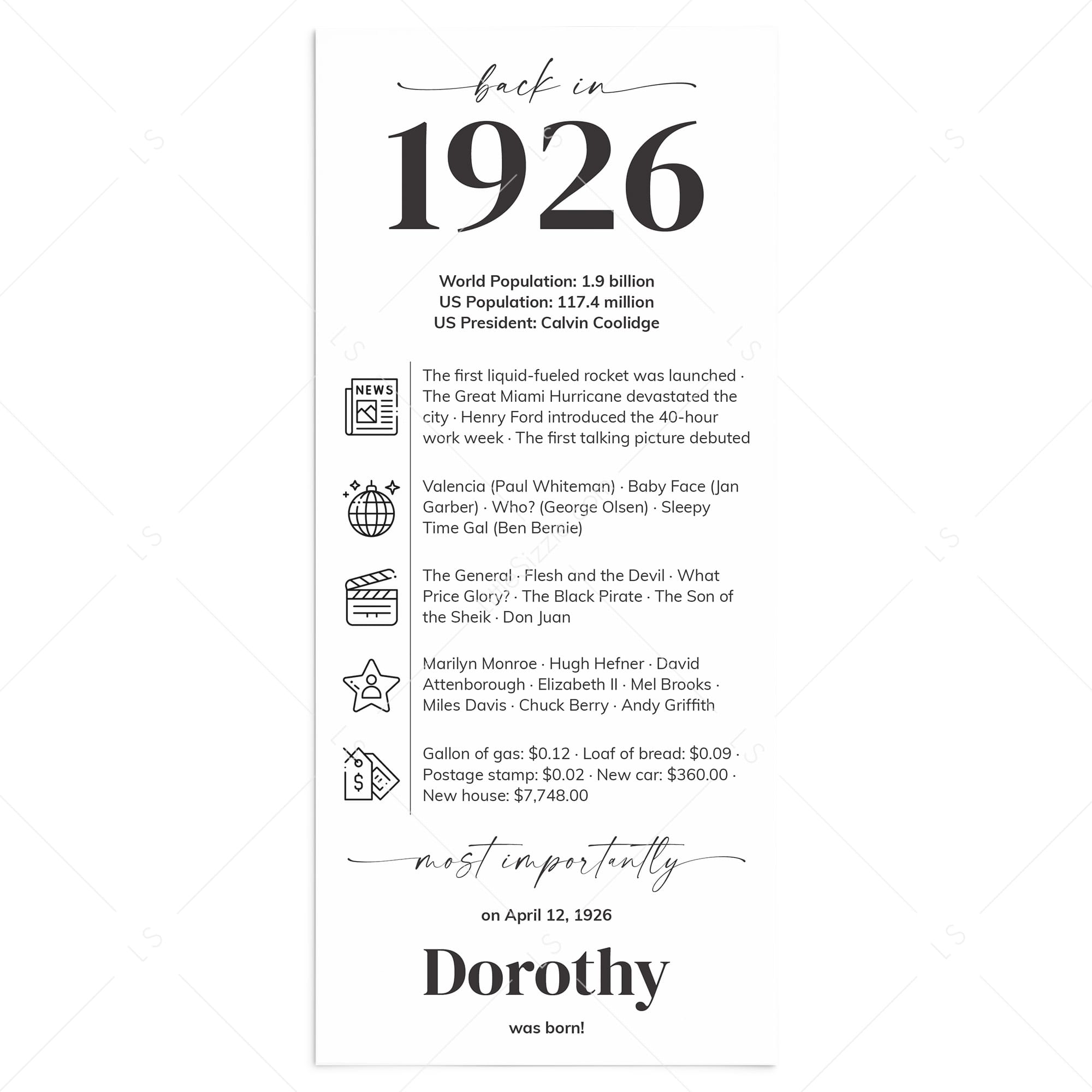 100th Birthday Place Cards Back in 1926 Facts Personalized Printable by LittleSizzle