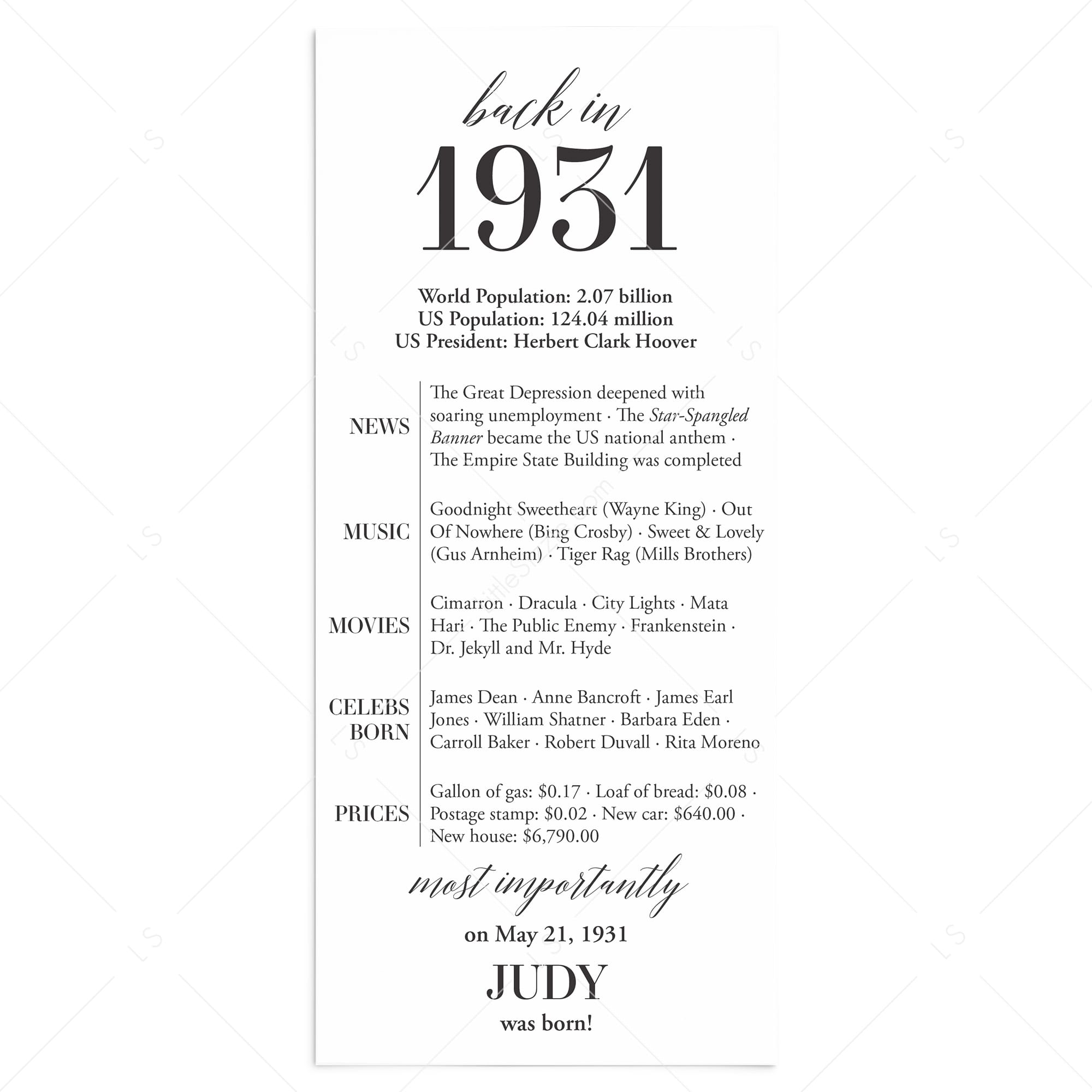 95th Birthday Party Decorations Back in 1931 Table Card by LittleSizzle
