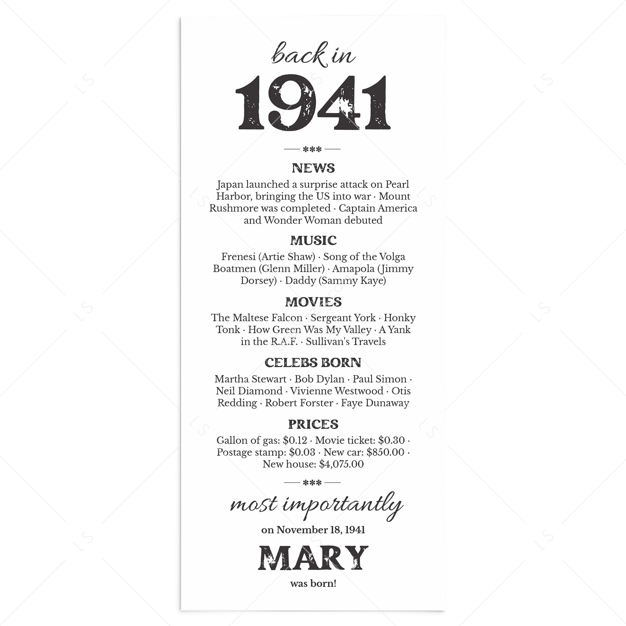 85th Birthday Decorations Born in 1941 Table Card by LittleSizzle