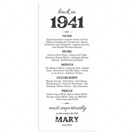 85th Birthday Decorations Born in 1941 Table Card by LittleSizzle