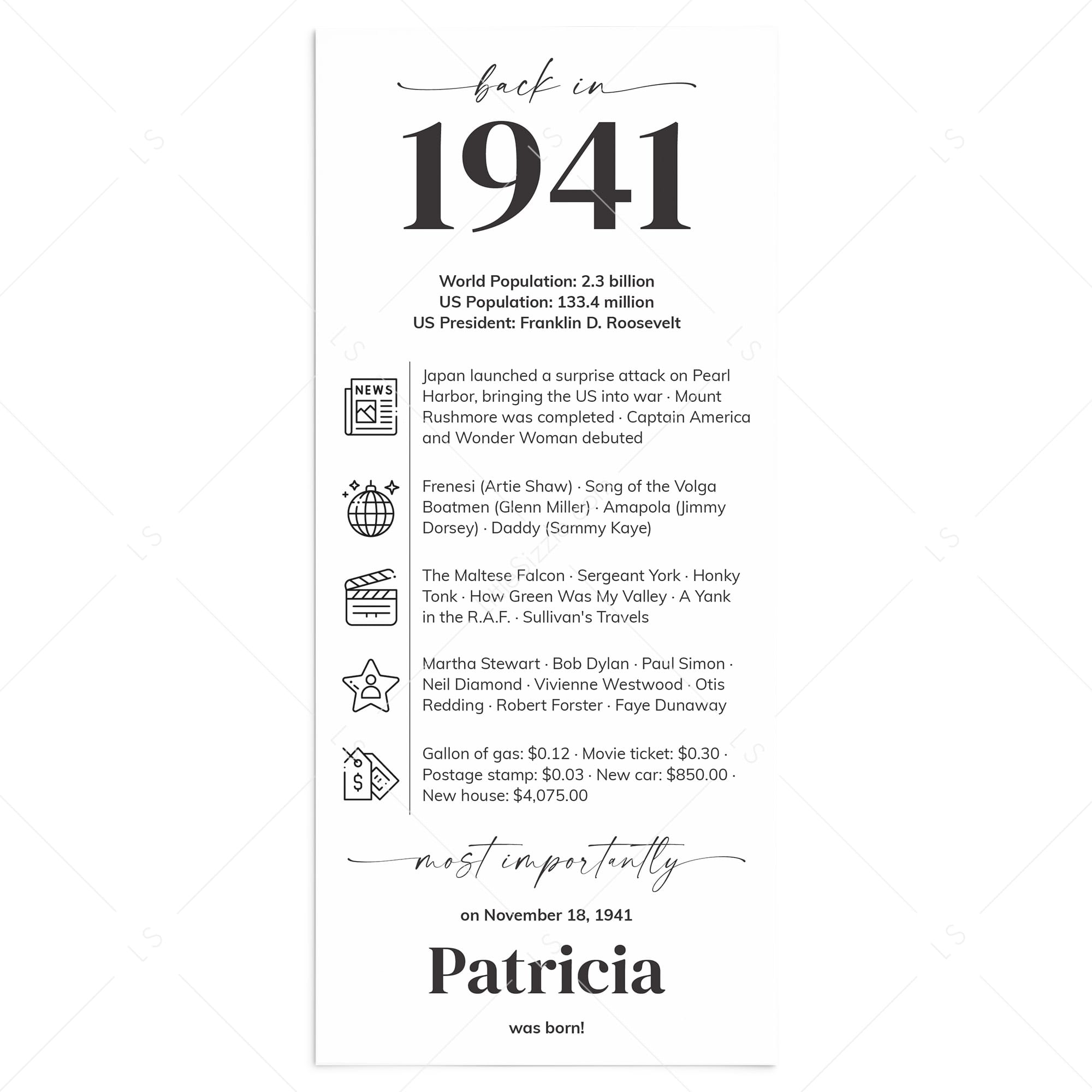 85th Birthday Place Cards Personalized Back in 1941 Facts Printable by LittleSizzle