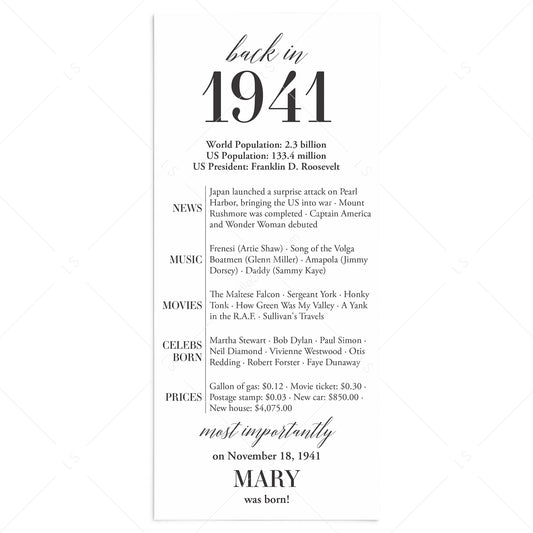 85th Birthday Party Decorations Back in 1941 Table Card by LittleSizzle