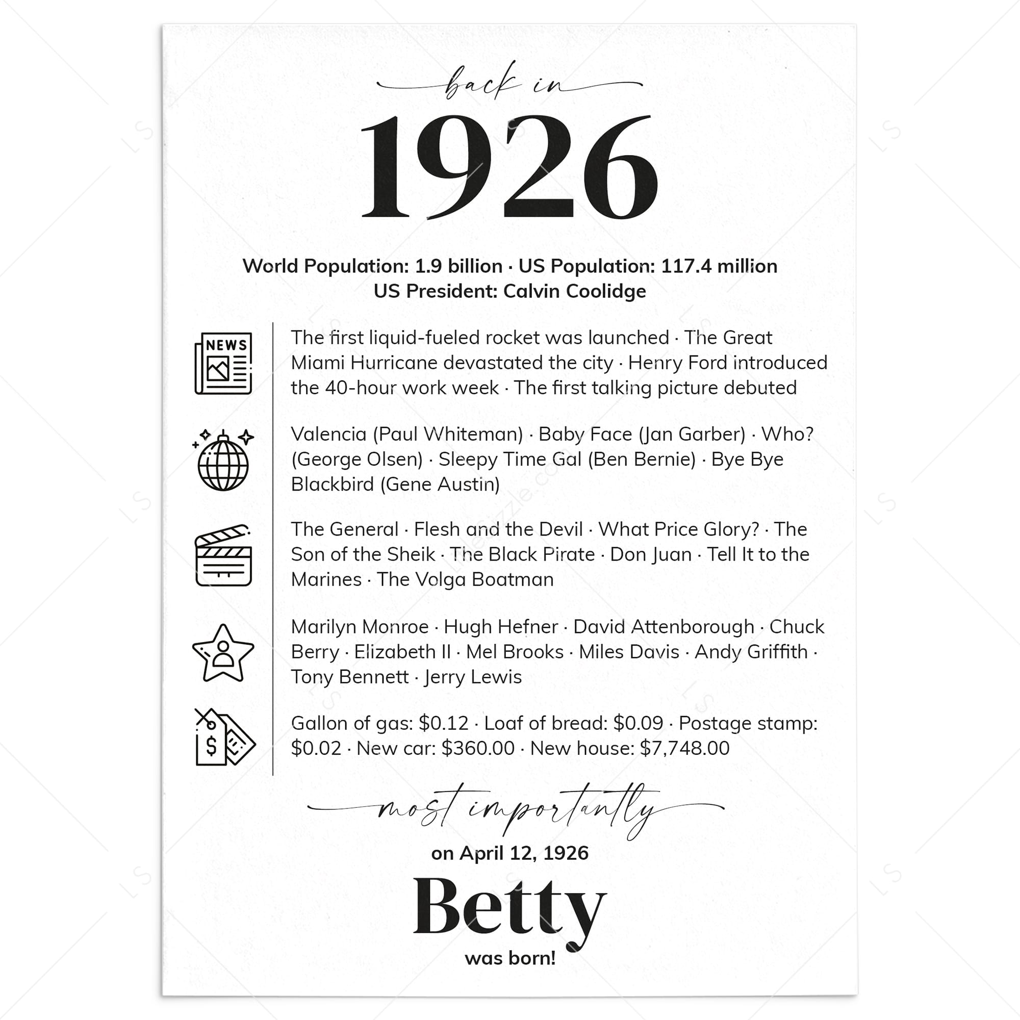 100th Birthday Table Decor Custom Back in 1926 Facts Printable by LittleSizzle