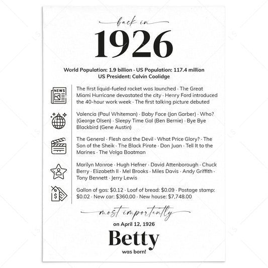 100th Birthday Table Decor Custom Back in 1926 Facts Printable by LittleSizzle