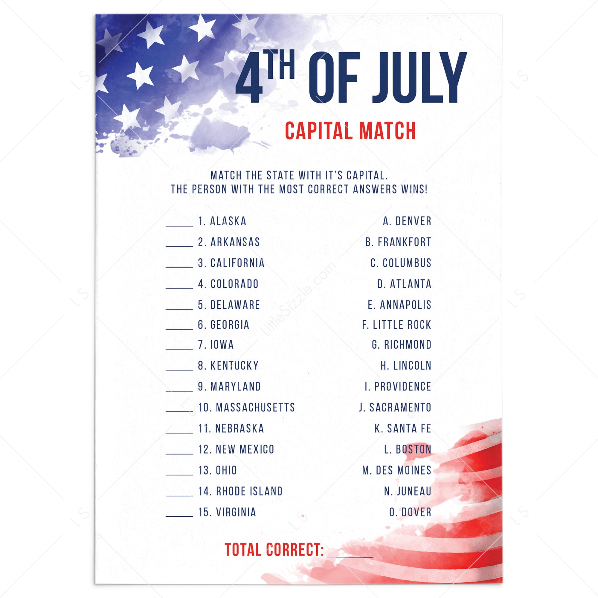 4th of July USA Capitals Game with Answer Key by LittleSizzle