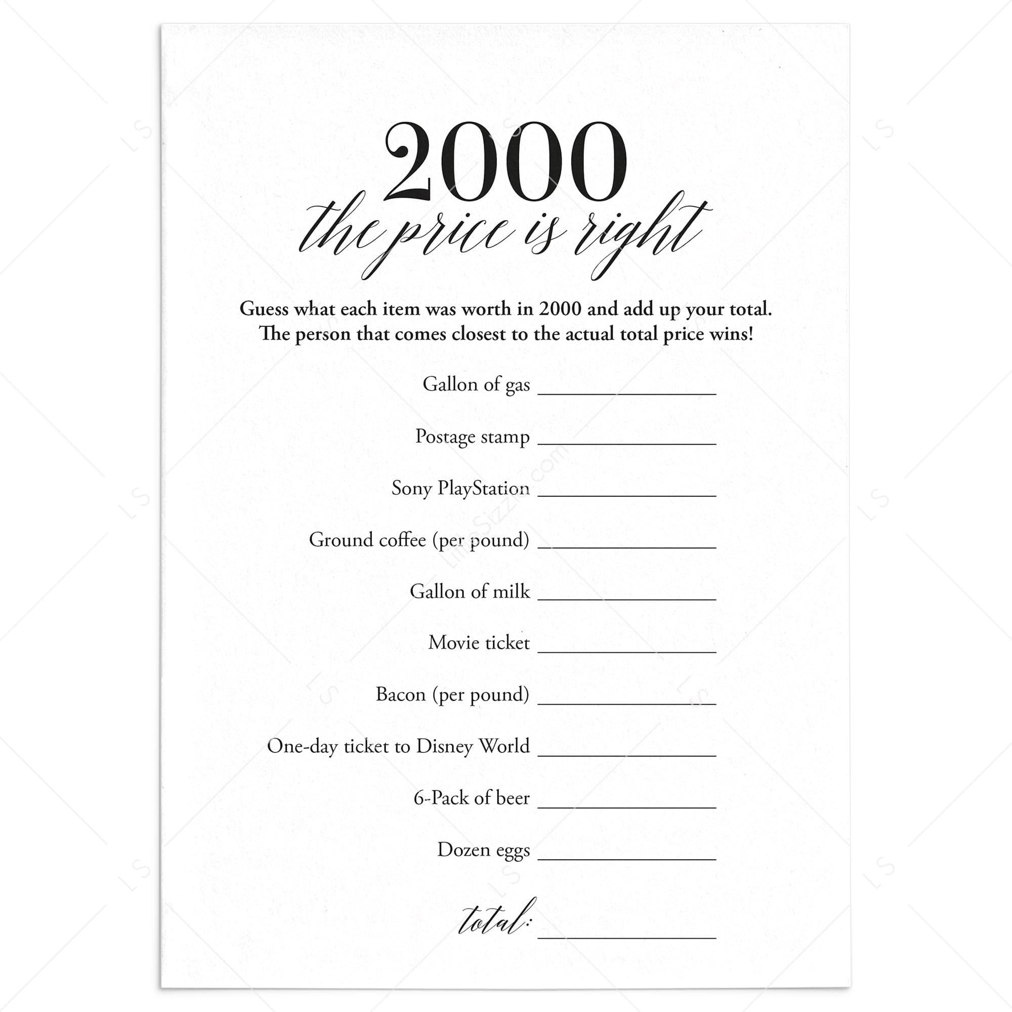 2000 The Price Is Right Game with Answers Printable by LittleSizzle