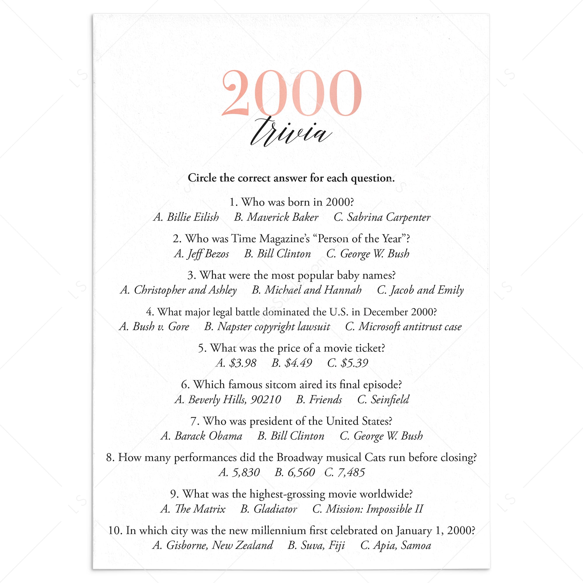 2000 Trivia Questions and Answers Printable by LittleSizzle