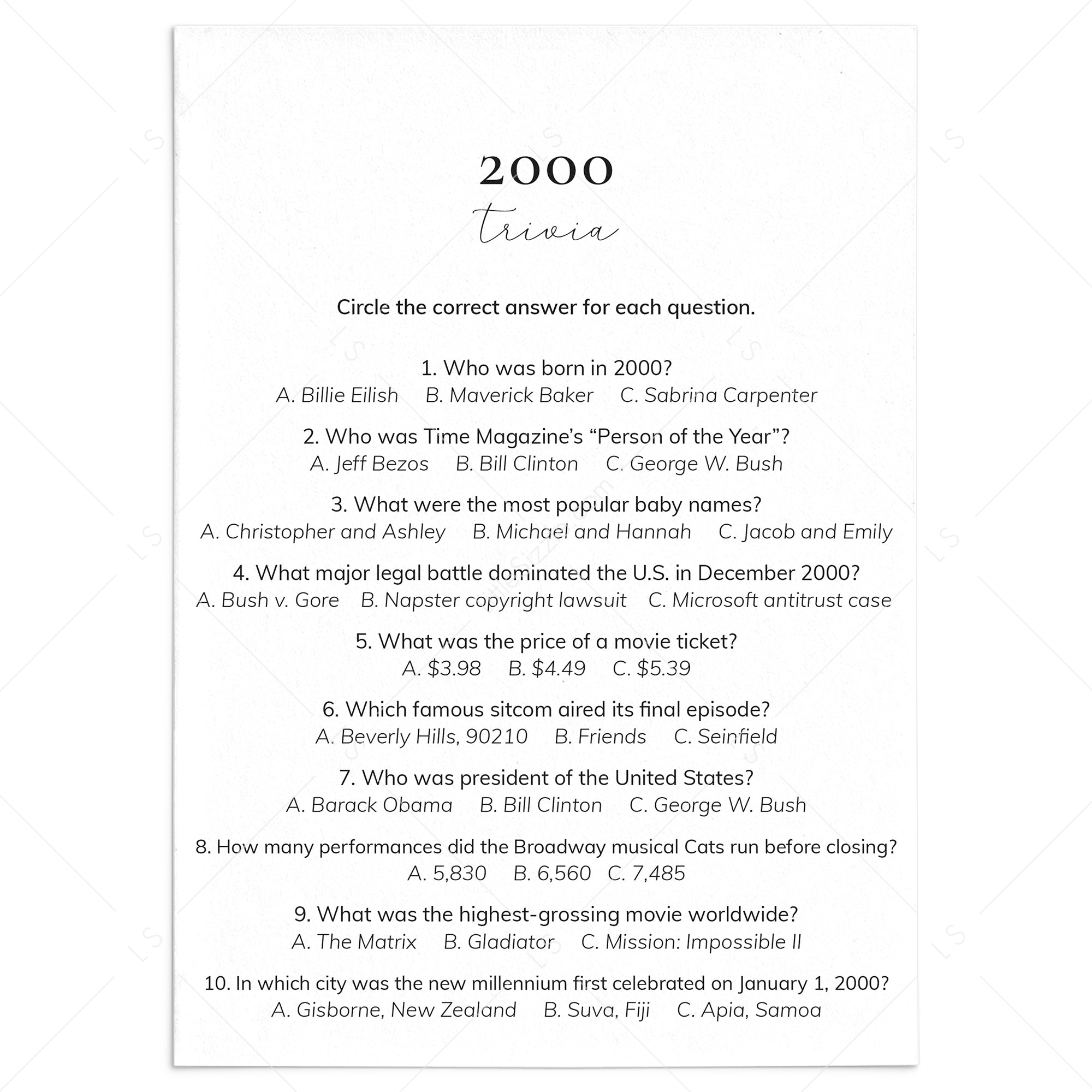 2000 Quiz and Answers Printable | All About The Year 2000 Trivia by LittleSizzle