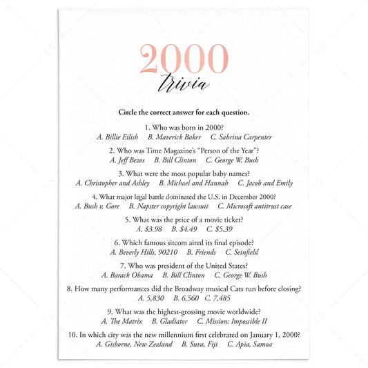 2000 Trivia Questions and Answers Printable by LittleSizzle