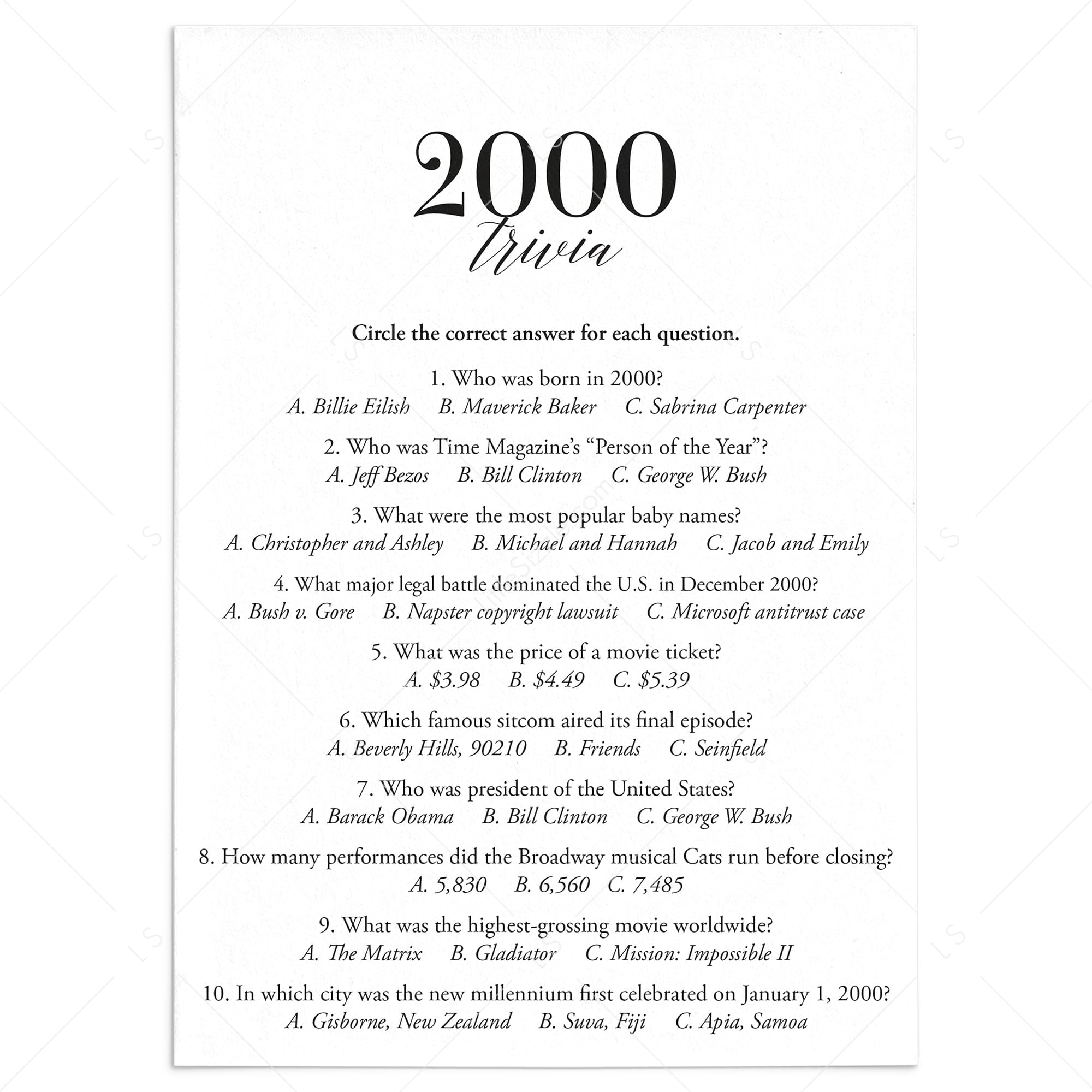 2000 Fun Facts Quiz with Answers Printable | 2000 Pop Culture Trivia by LittleSizzle