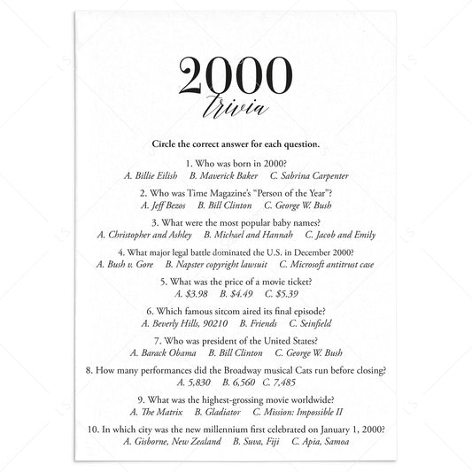 2000 Fun Facts Quiz with Answers Printable | 2000 Pop Culture Trivia by LittleSizzle