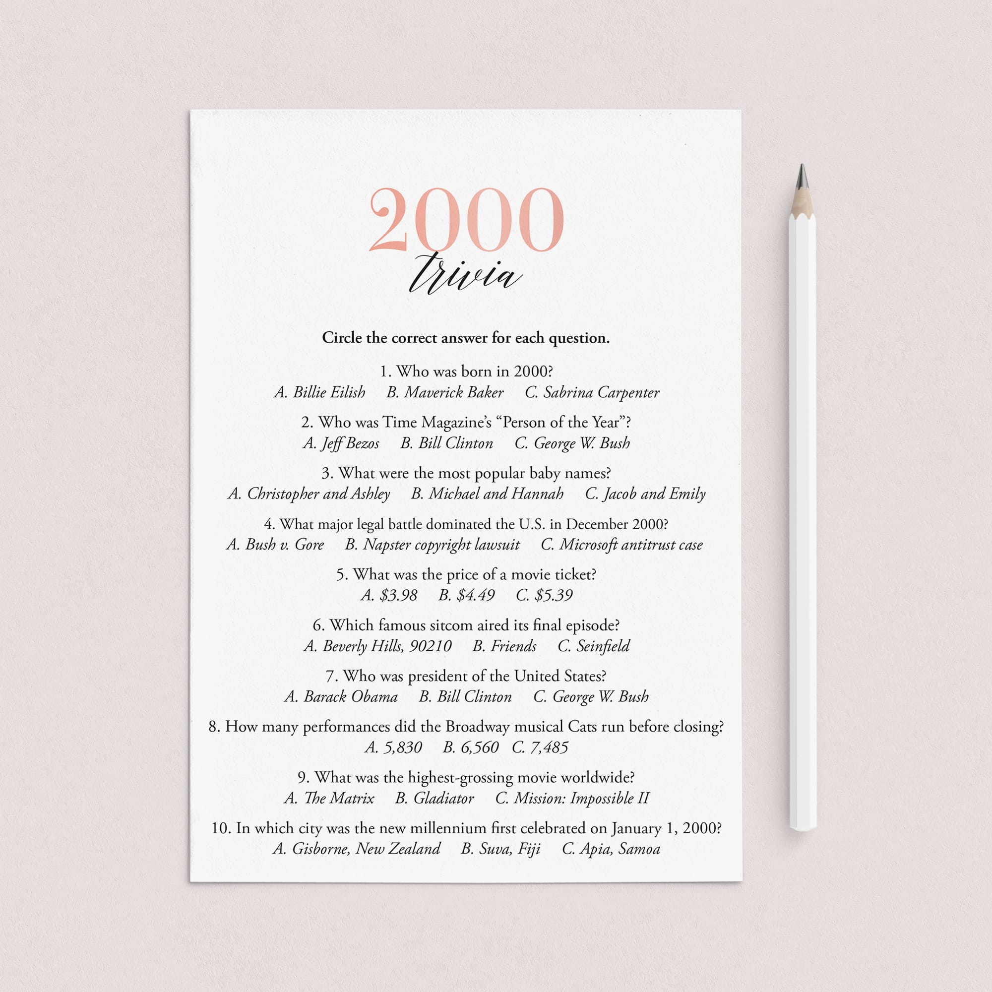 2000 Trivia Questions and Answers Printable by LittleSizzle