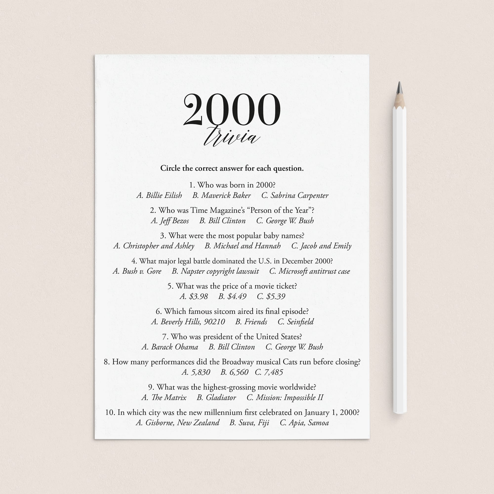 2000 Fun Facts Quiz with Answers Printable | 2000 Pop Culture Trivia by LittleSizzle