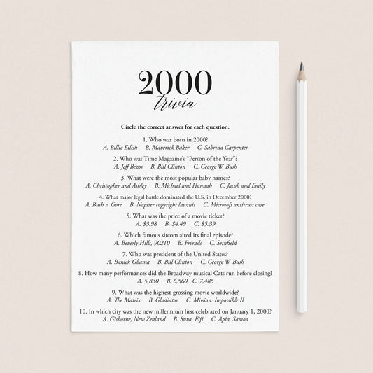 2000 Fun Facts Quiz with Answers Printable | 2000 Pop Culture Trivia by LittleSizzle