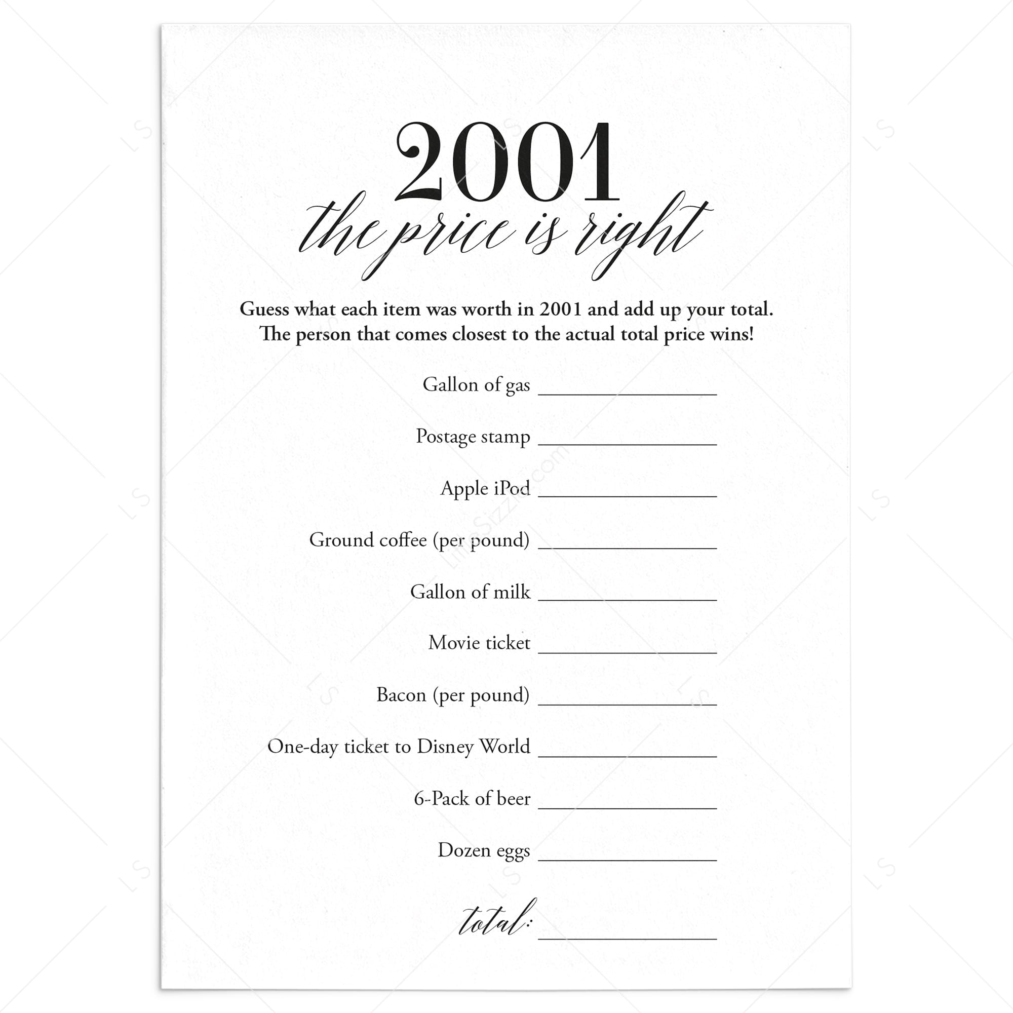 2001 The Price Is Right Game with Answers Printable by LittleSizzle