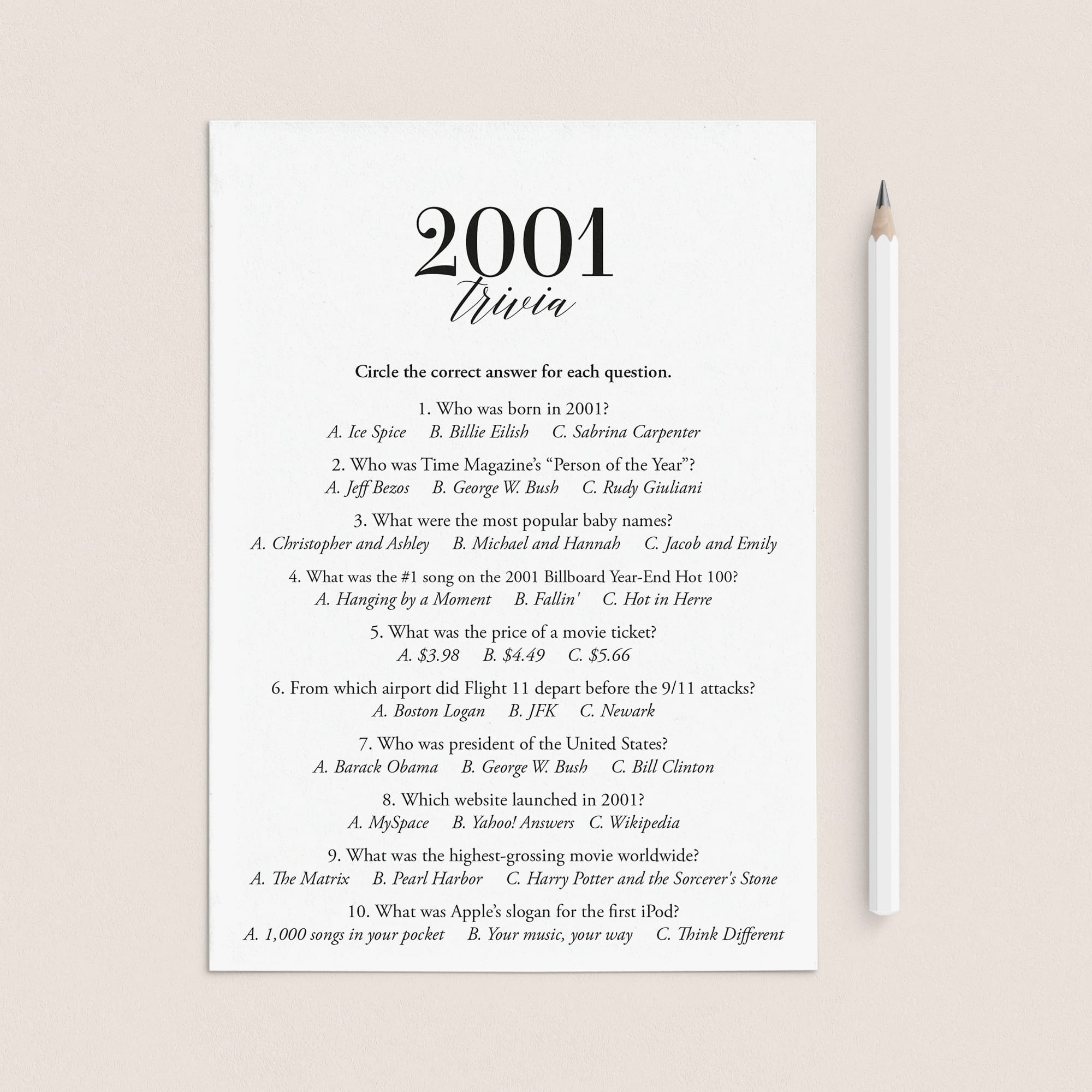 2001 Trivia Quiz with Answer Key Instant Download by LittleSizzle