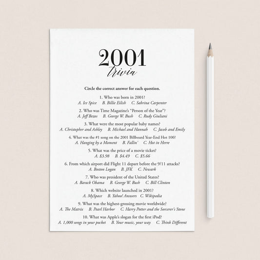 2001 Trivia Quiz with Answer Key Instant Download by LittleSizzle