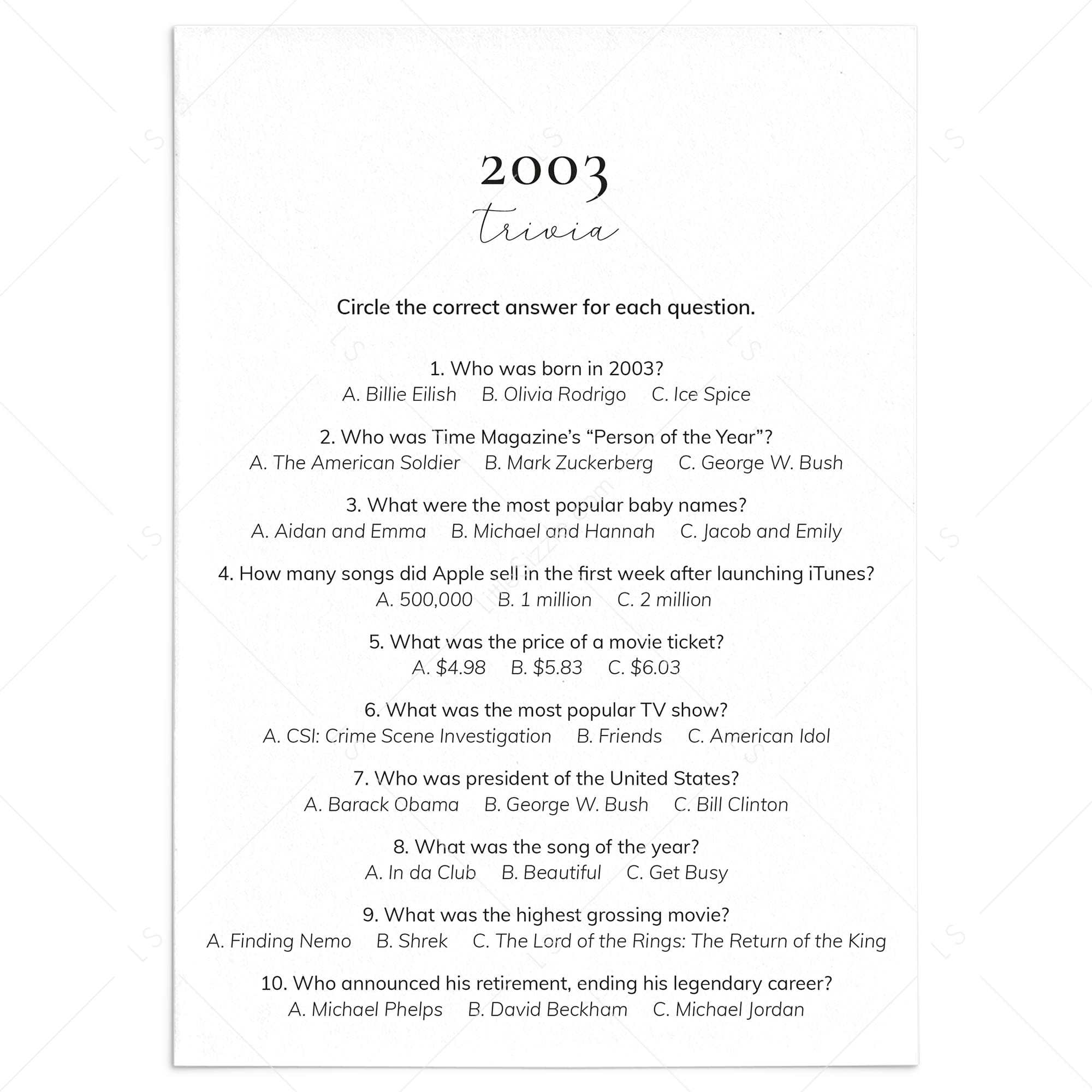 2003 Quiz and Answers Printable by LittleSizzle