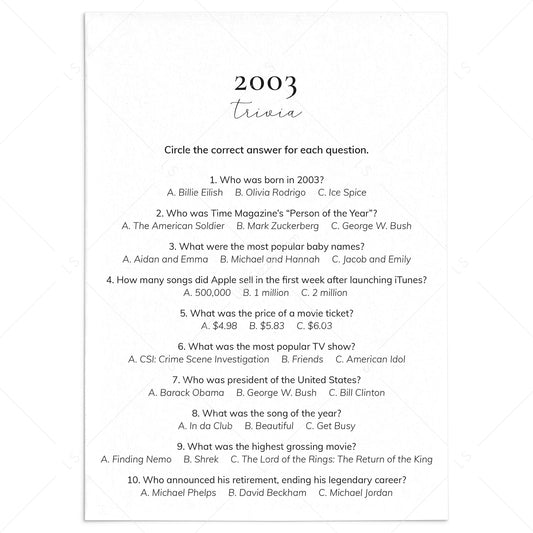 2003 Quiz and Answers Printable by LittleSizzle