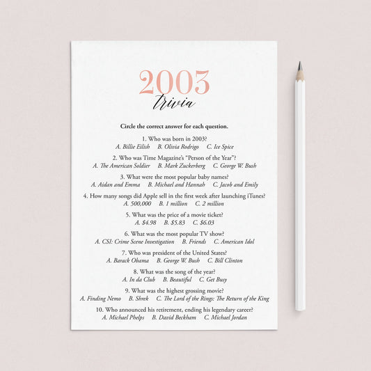 2003 Trivia Questions and Answers Printable by LittleSizzle