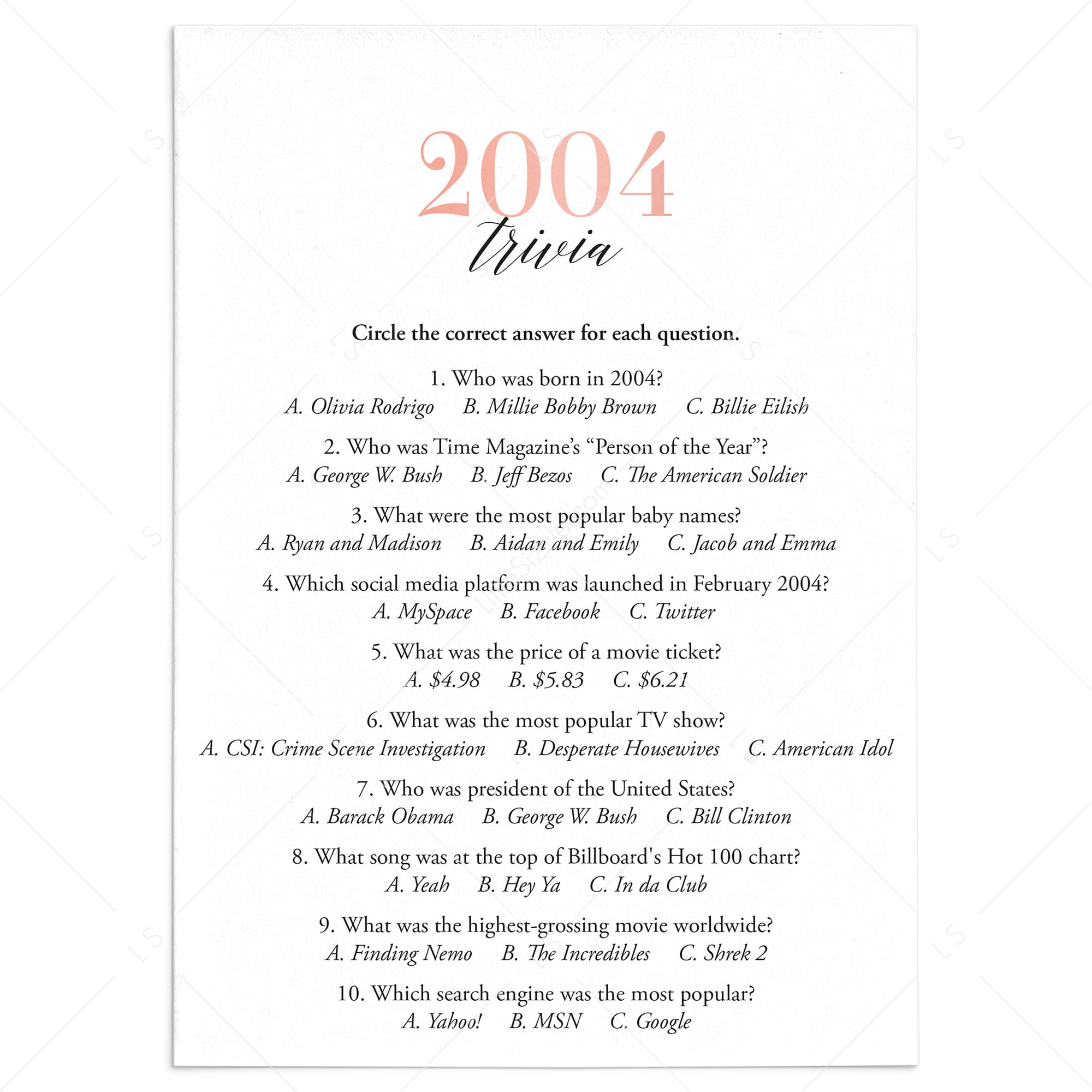 2004 Trivia Questions and Answers Printable by LittleSizzle