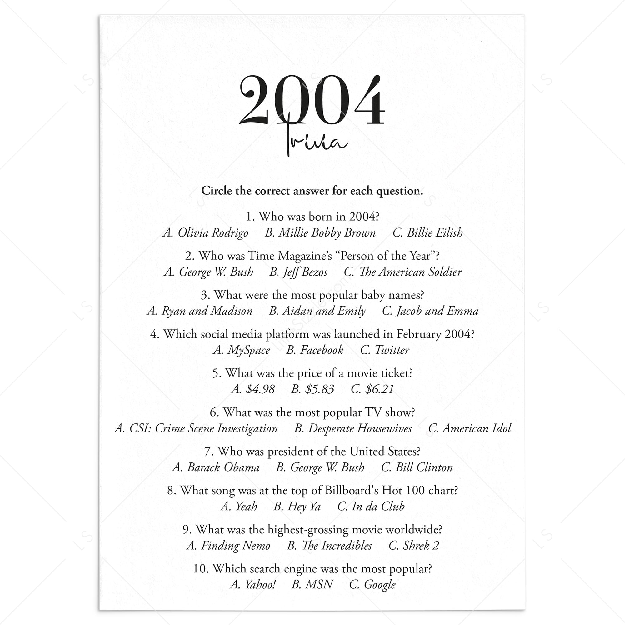 2004 Trivia Quiz with Answer Key Instant Download by LittleSizzle