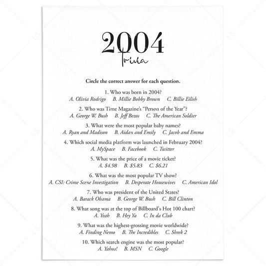 2004 Trivia Quiz with Answer Key Instant Download by LittleSizzle