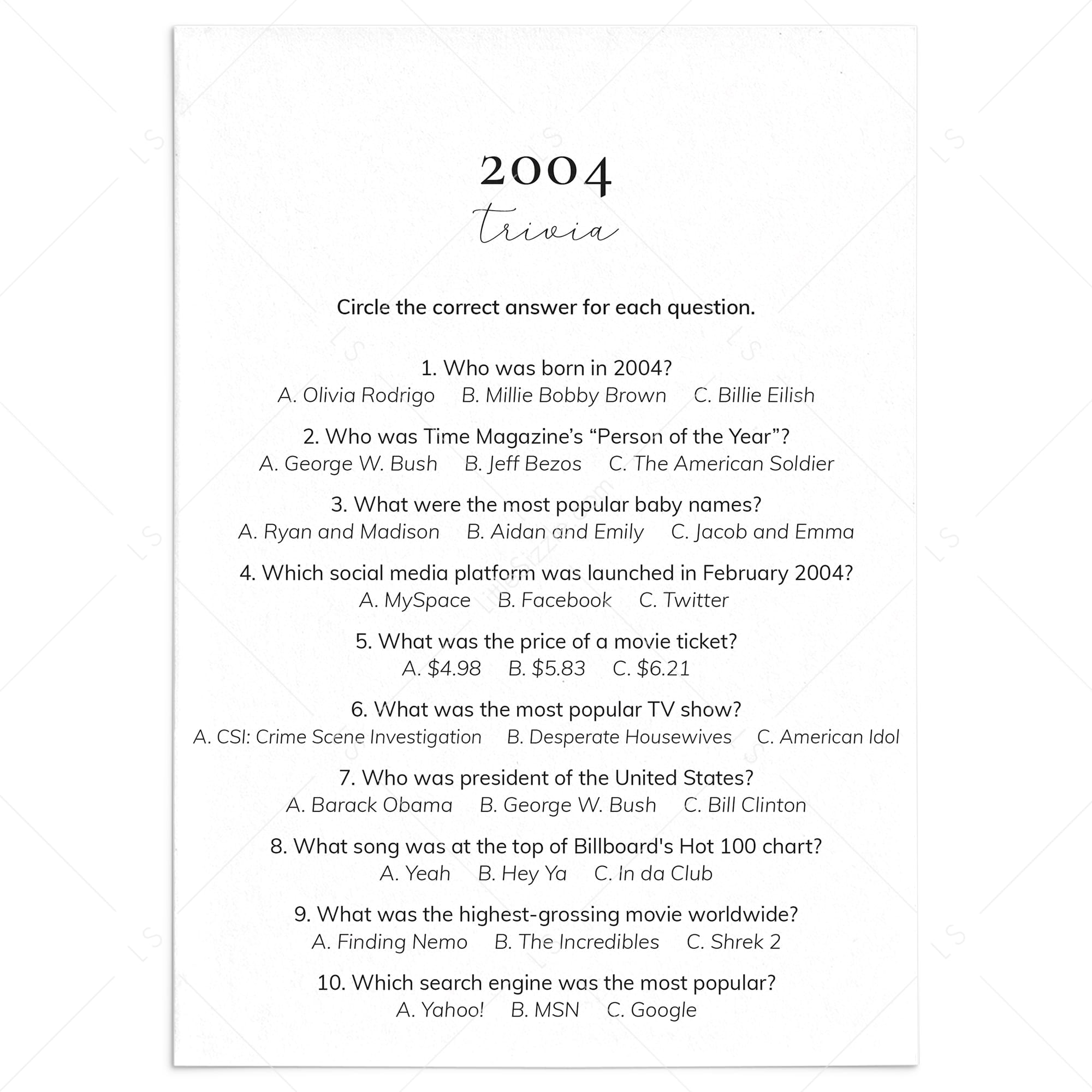 2004 Quiz and Answers Printable | All About The Year 2004 Trivia by LittleSizzle