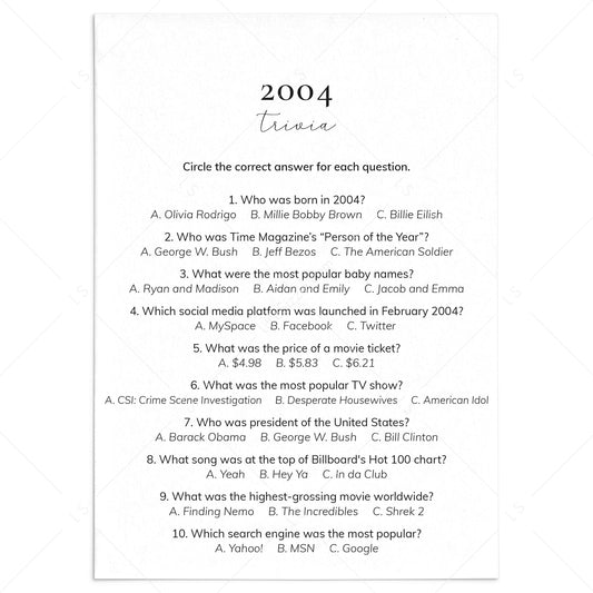 2004 Quiz and Answers Printable | All About The Year 2004 Trivia by LittleSizzle