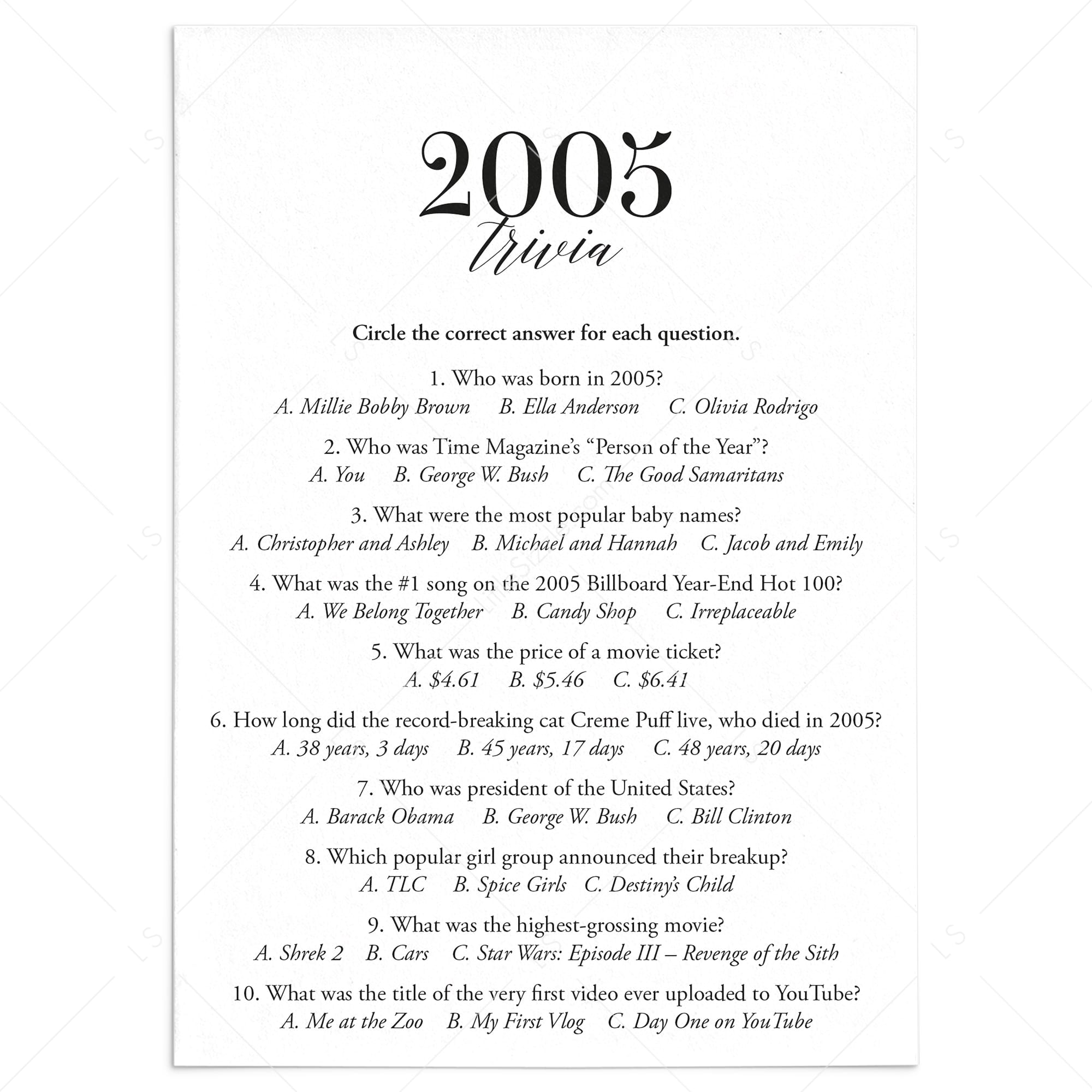 2005 Trivia Quiz with Answer Key Instant Download by LittleSizzle