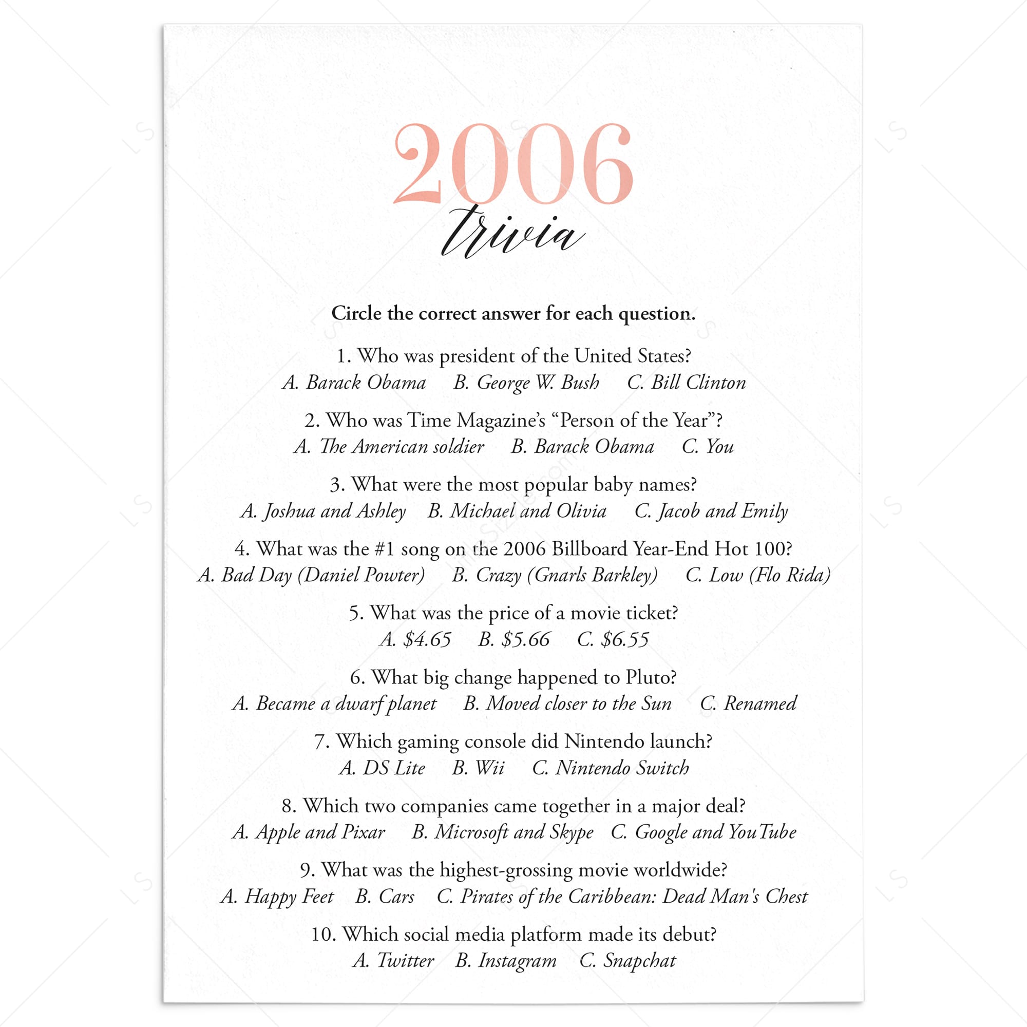2006 Trivia Questions and Answers Printable by LittleSizzle