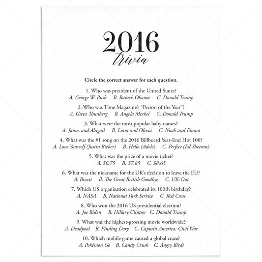 2016 Trivia Quiz with Answer Key Instant Download by LittleSizzle