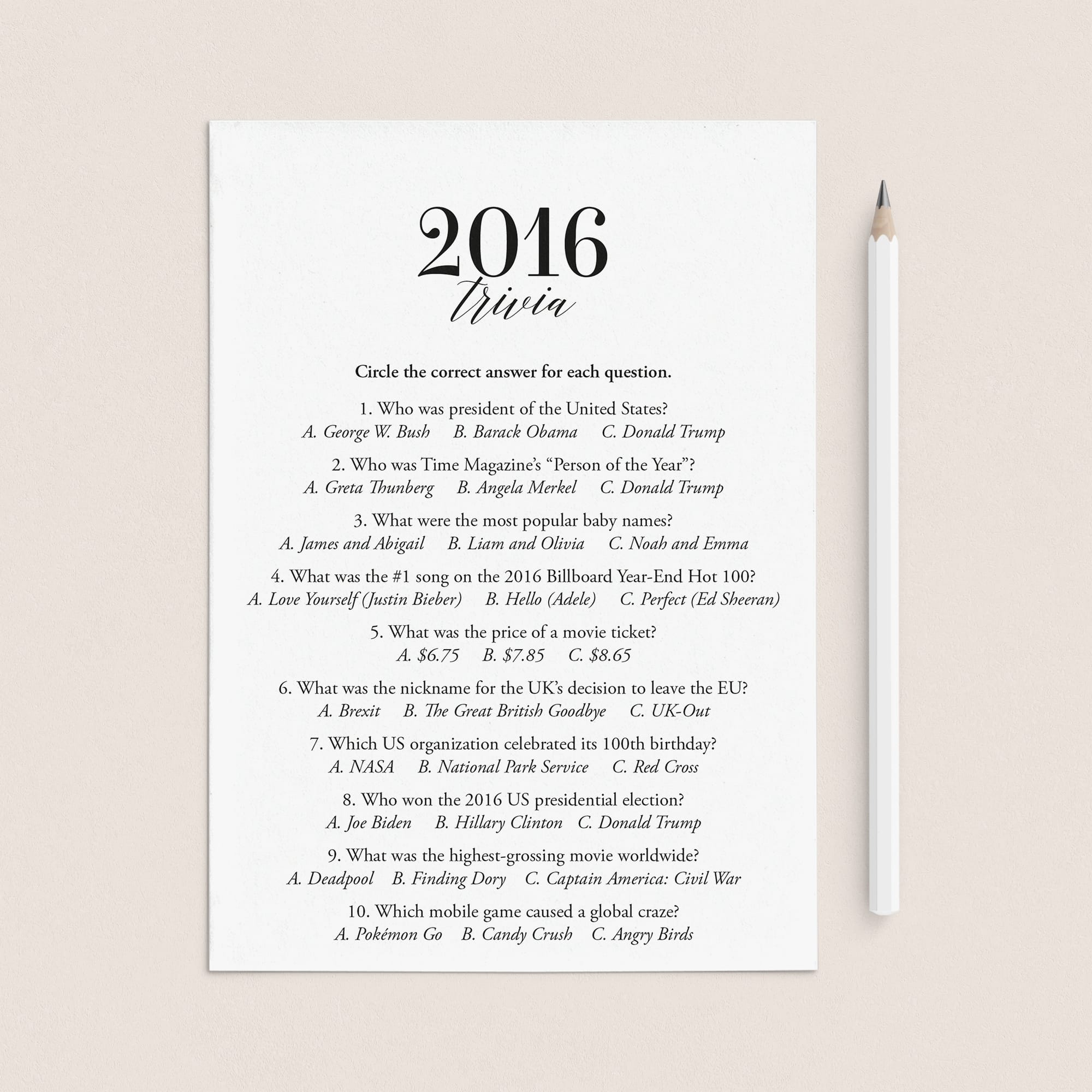 2016 Trivia Quiz with Answer Key Instant Download by LittleSizzle